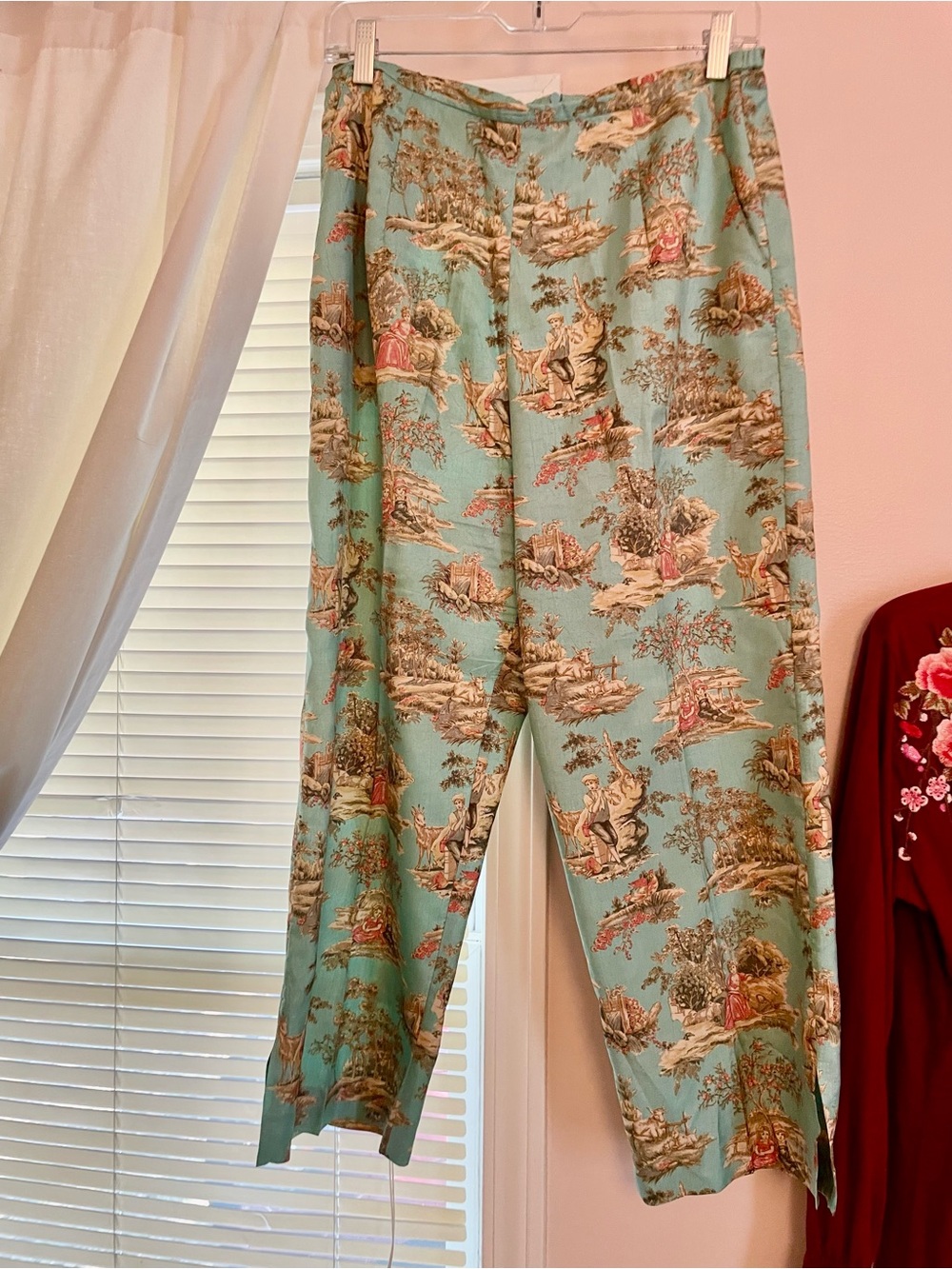 Vintage Sharon Young Teal Chinoiserie Trousers Marie Antoinette Rococo Size 10